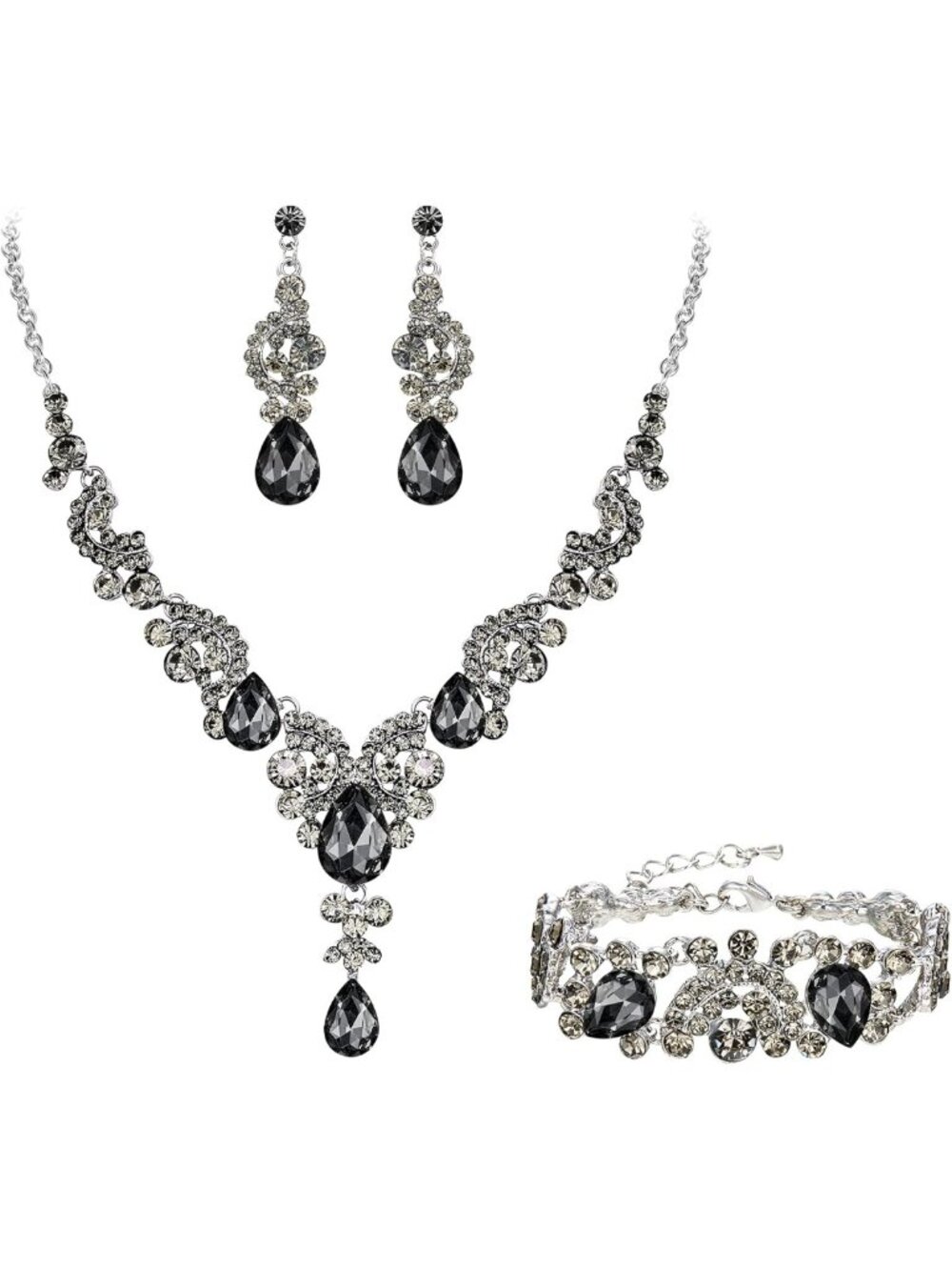 Elegant Rhinestone Crystal Bridal Jewelry Set - Art Deco Teardrop Necklace